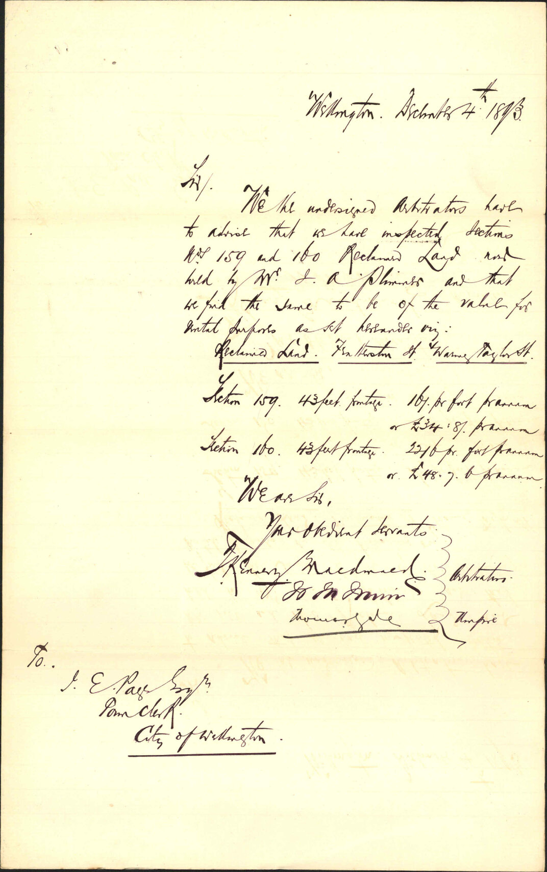 Valuation of Mr J A Plimmer's sections of land - W M Muir and others