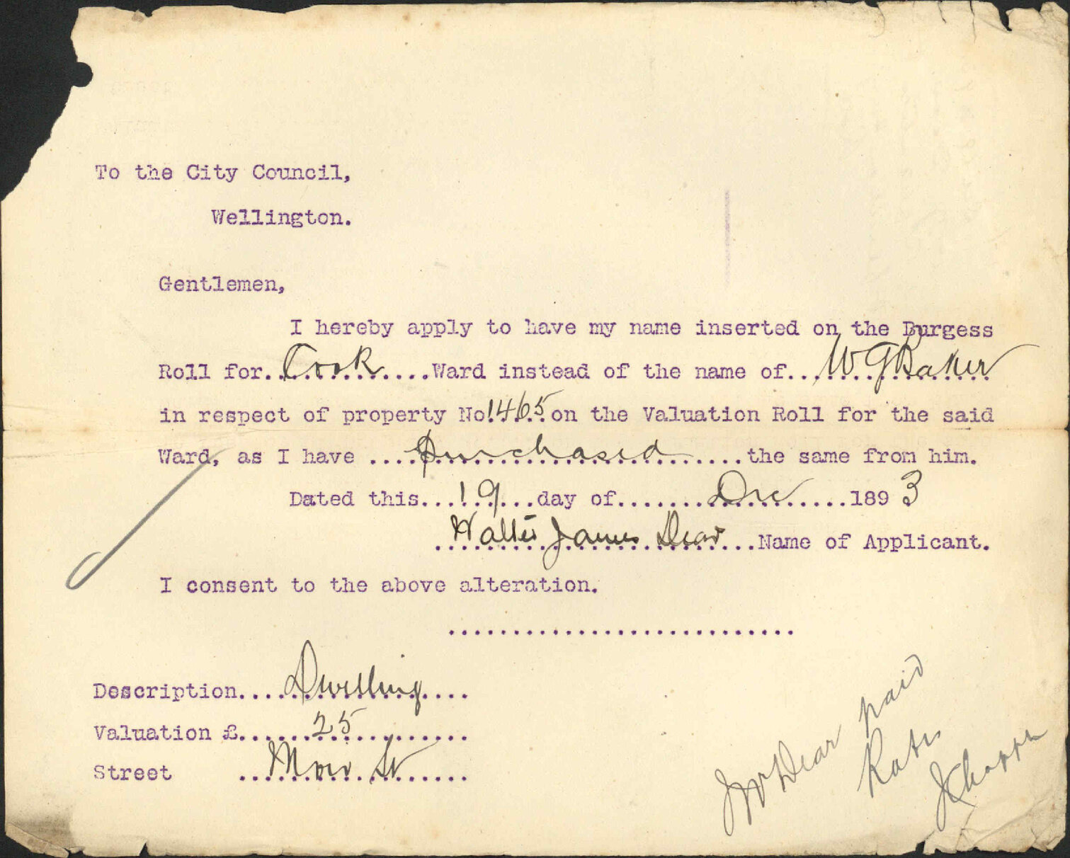 Application to be placed on the Burgess Roll - W J Dean