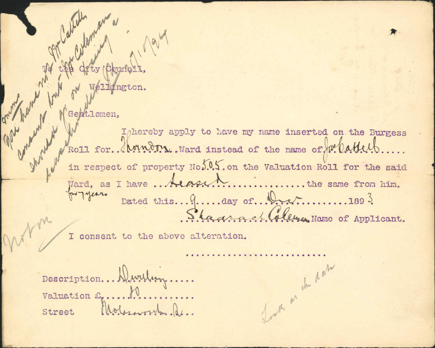 Application to be placed on Burgess Roll - S Coleman