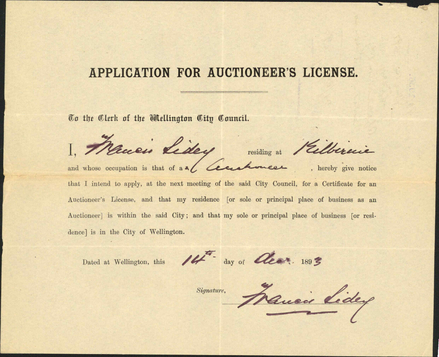 Application for auctioneer's license - F Sidey