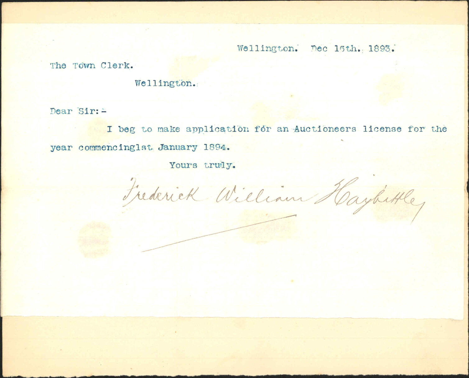 Application for auctioneer's license - F W Haybittle