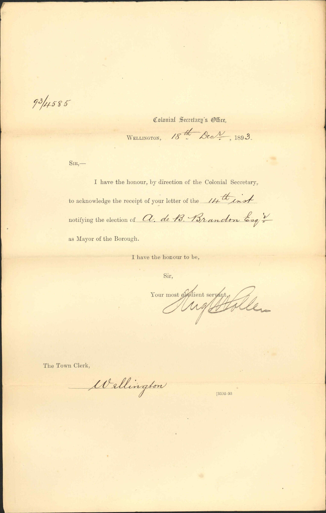Election of Mayor - Colonial Secretary