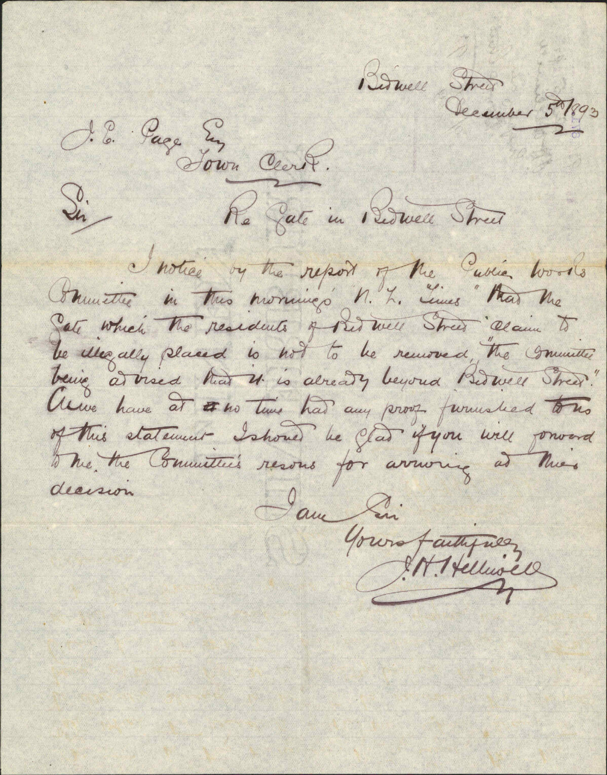 Enquiry regarding Bidwell Street - J H Helliwell