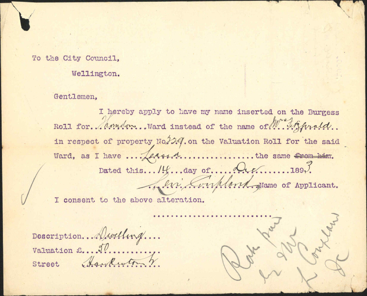 Asking to be placed on Burgess Roll - L Coupland