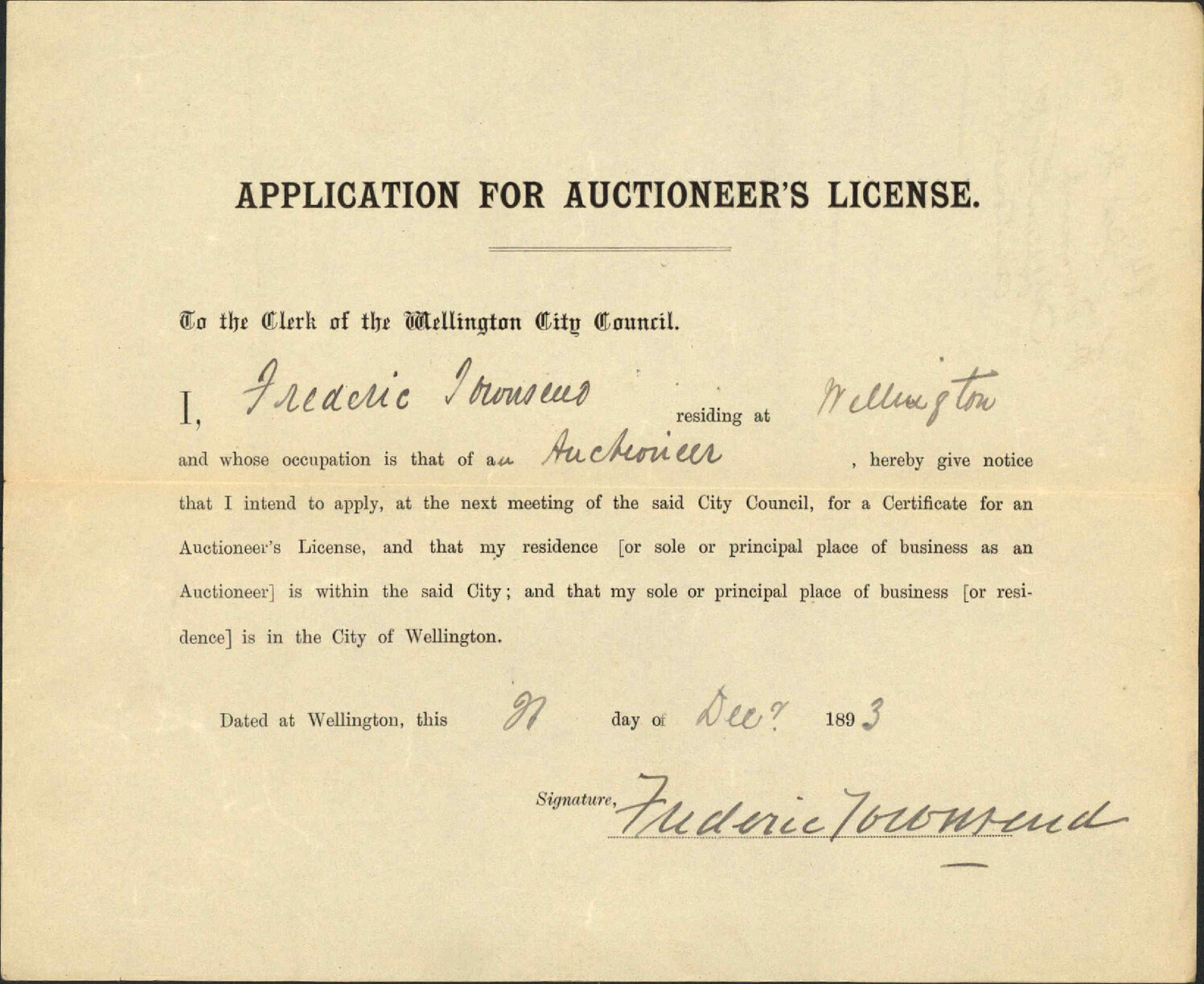 Application for auctioneers license - F Townsend