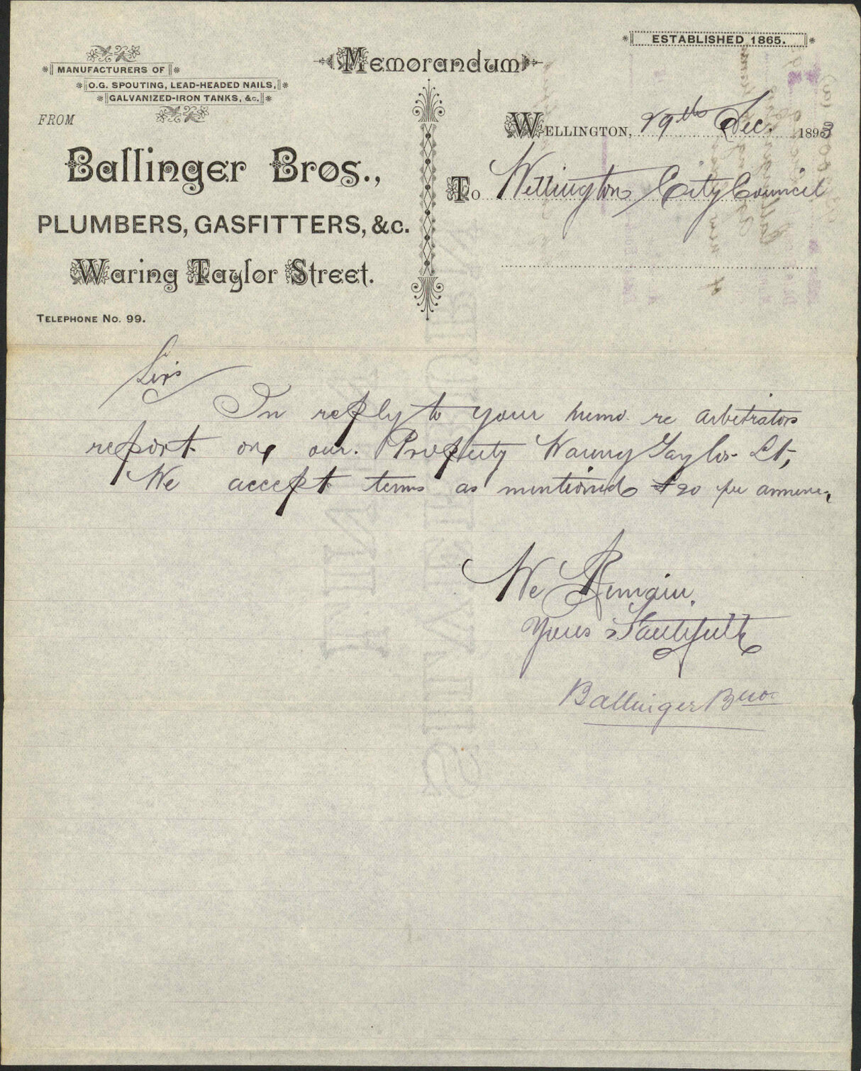 Accepting terms for emptying night soil - Foreman, Wellington and Manawatu Railway Company