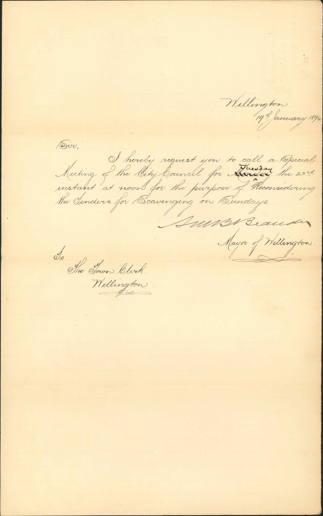 Requisition for special meeting on 23rd inst - the Mayor