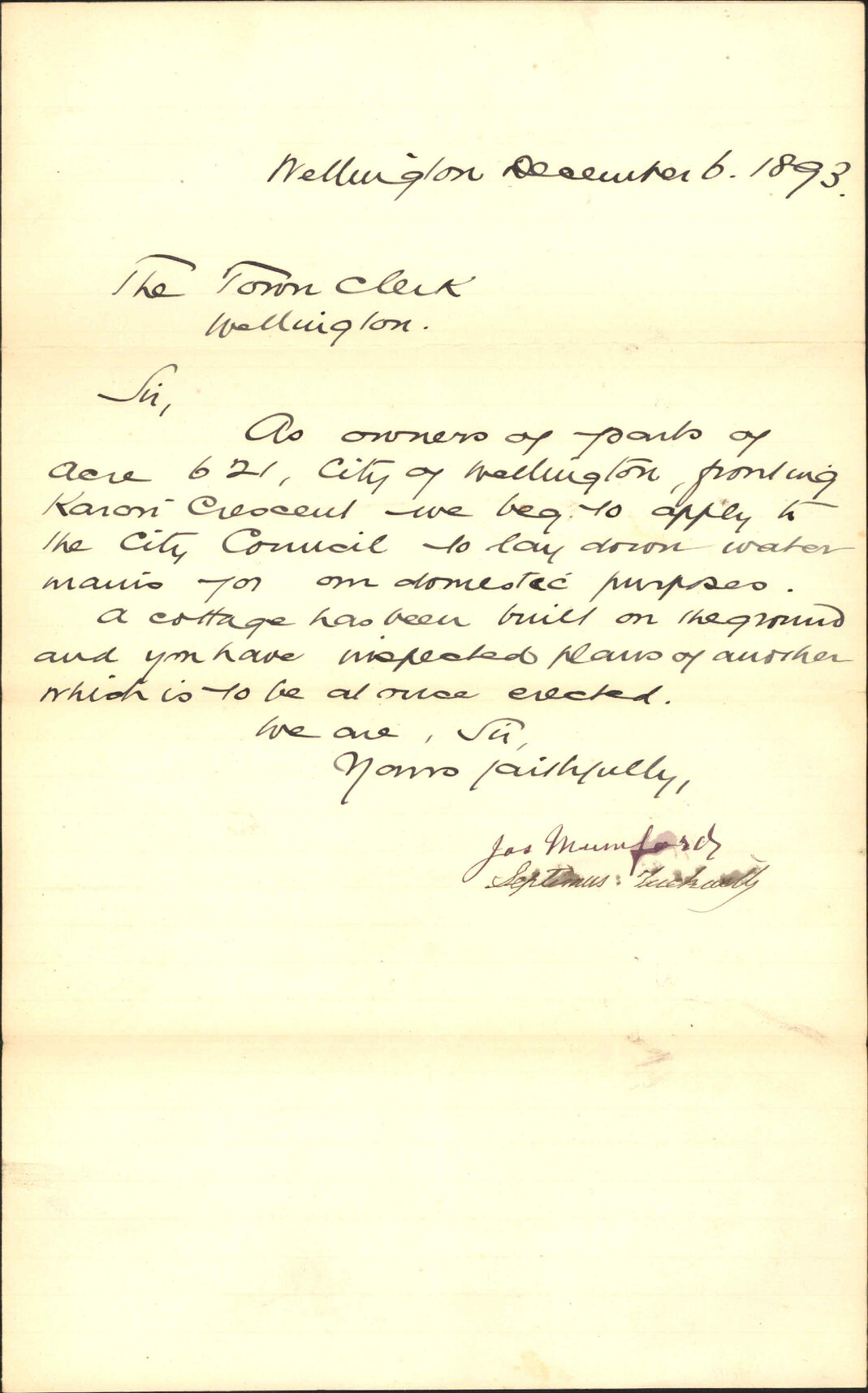 Asking for water supply, Karori Street - James Mumford and others