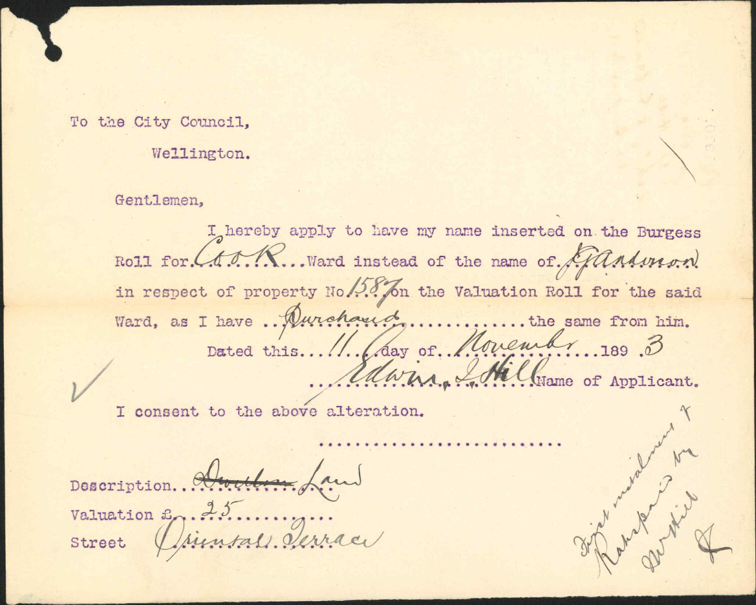 Asking to be placed on Burgess Roll - E J Hill