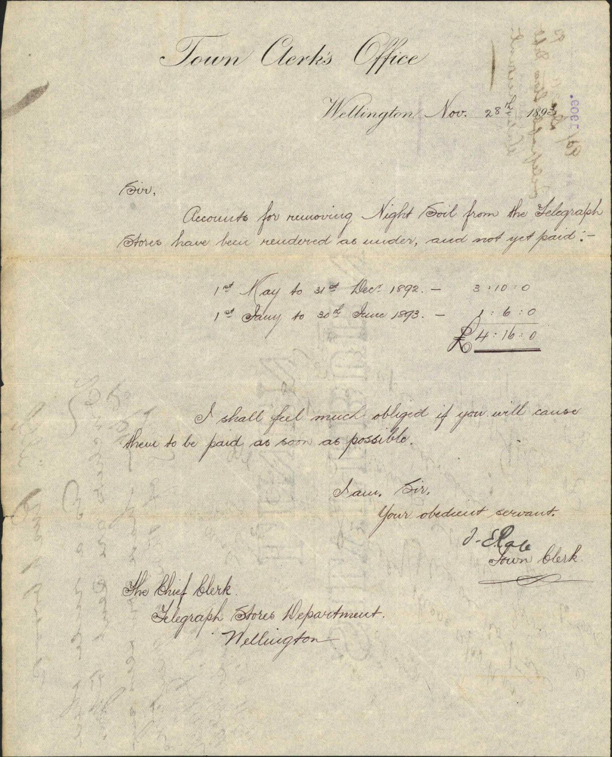 Night soil account - Telegraph Stores Department
