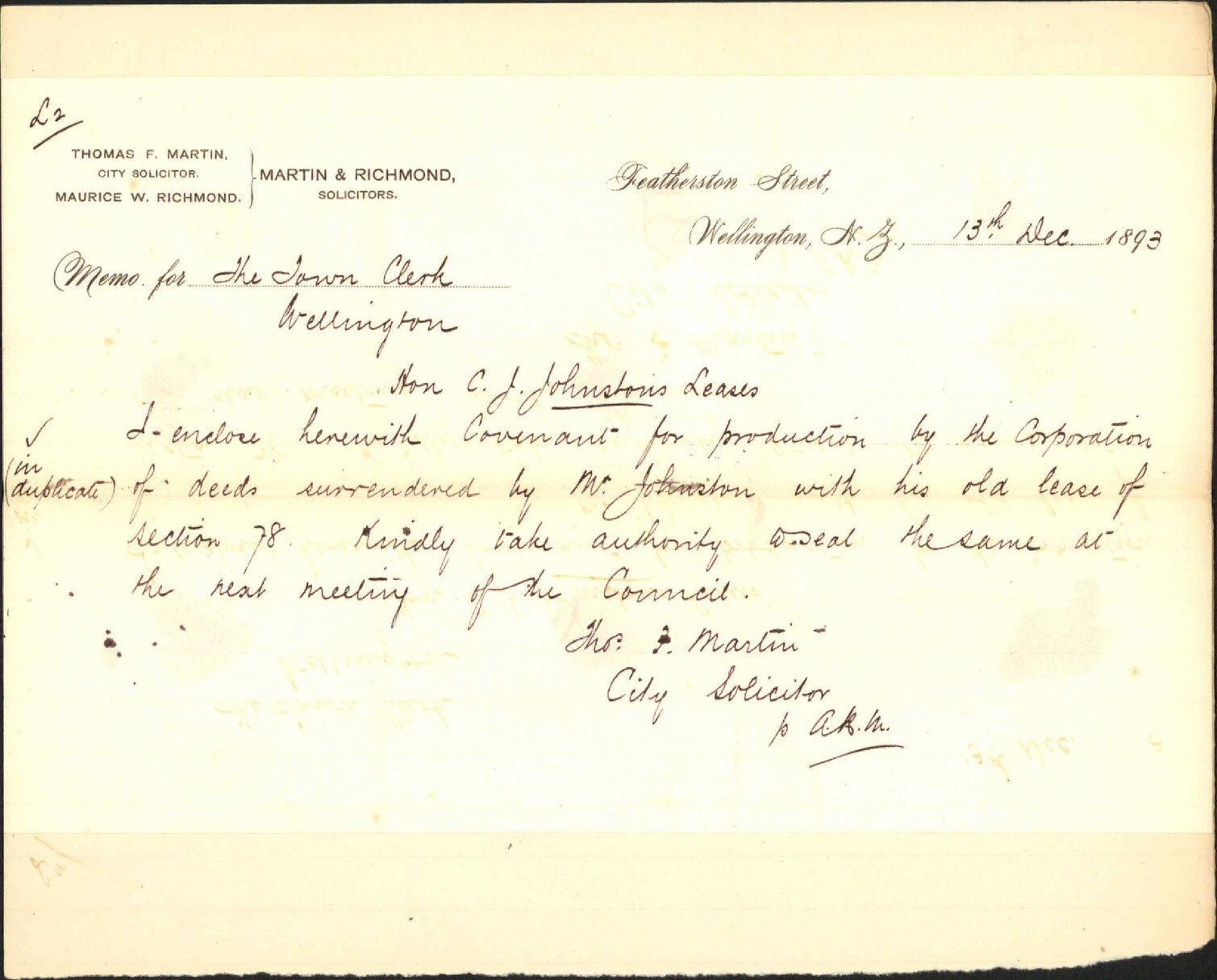 Johnston &amp; Company's deeds for sealing - City Solicitor