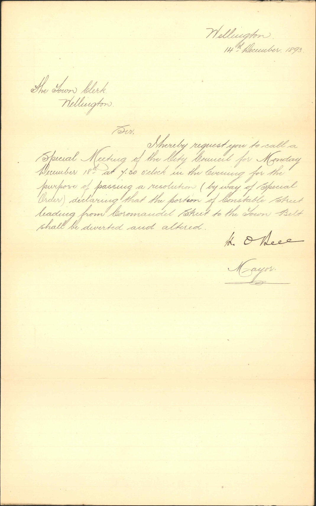 Requisition for special meeting on the 18th inst - the Mayor