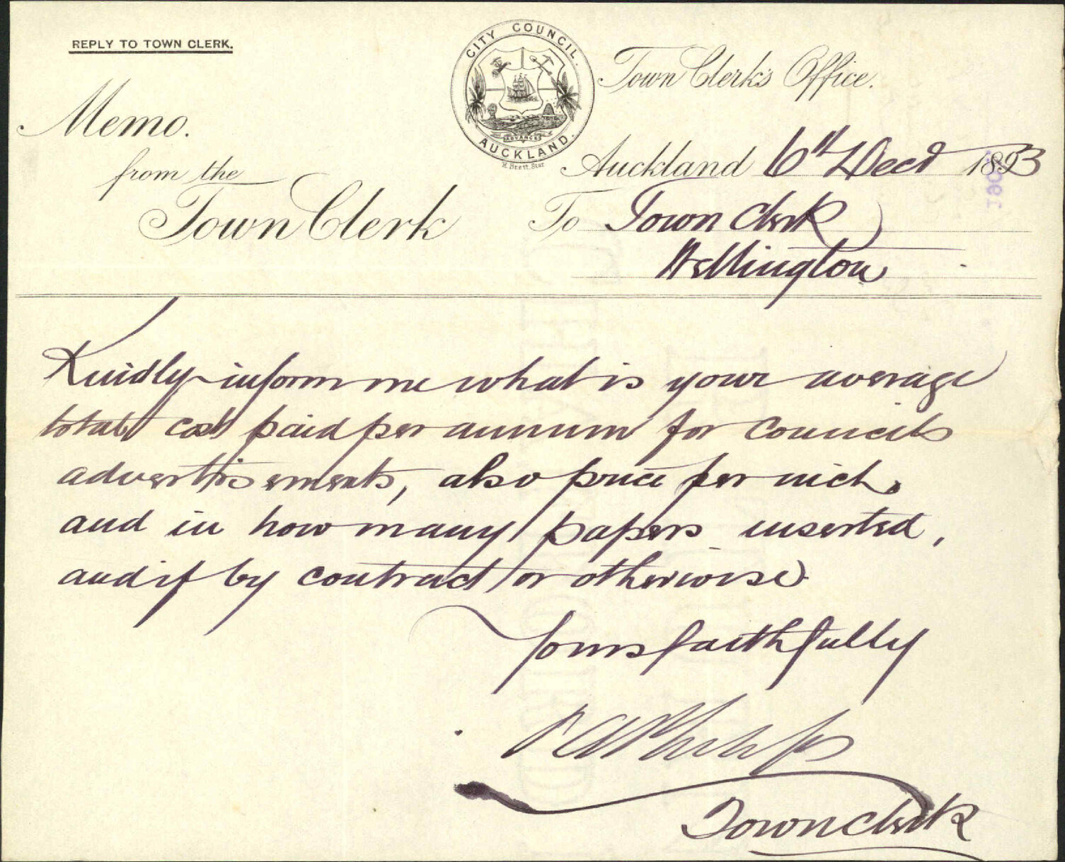 Enquiry regarding advertisement - Town Clerk, Auckland