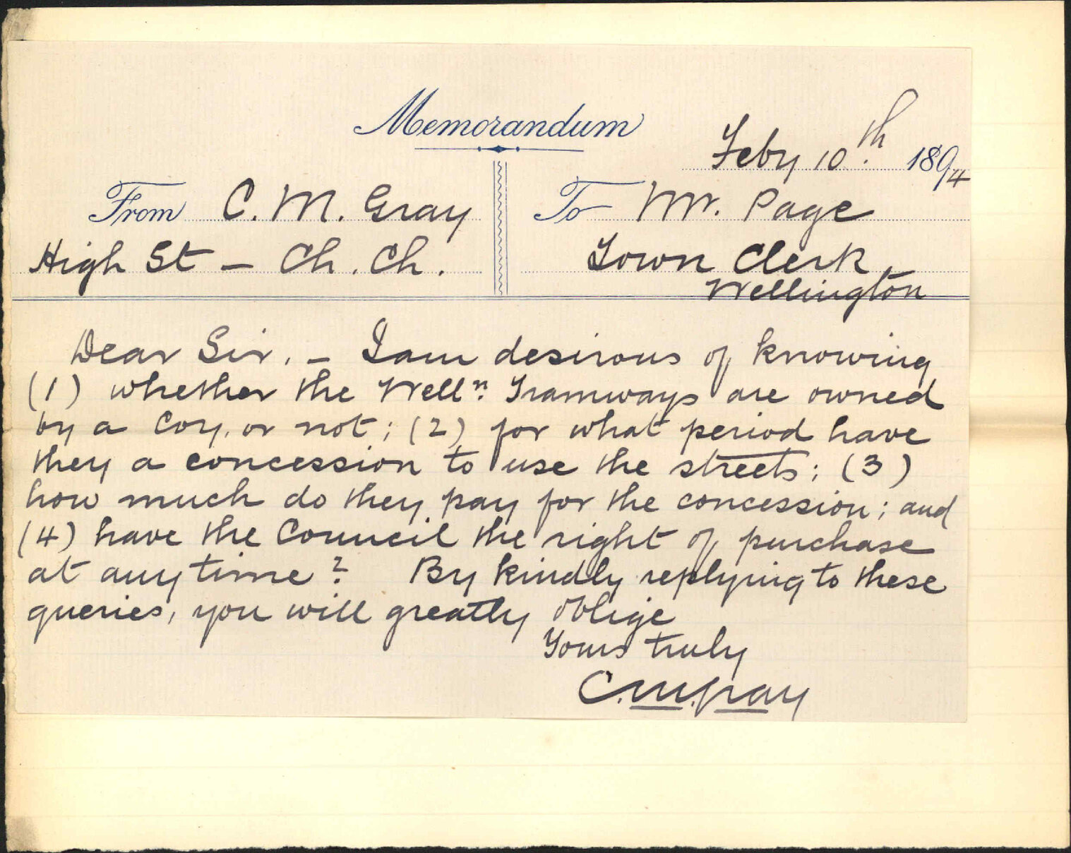Enquiry regarding tramways - C M Gray, Christchurch