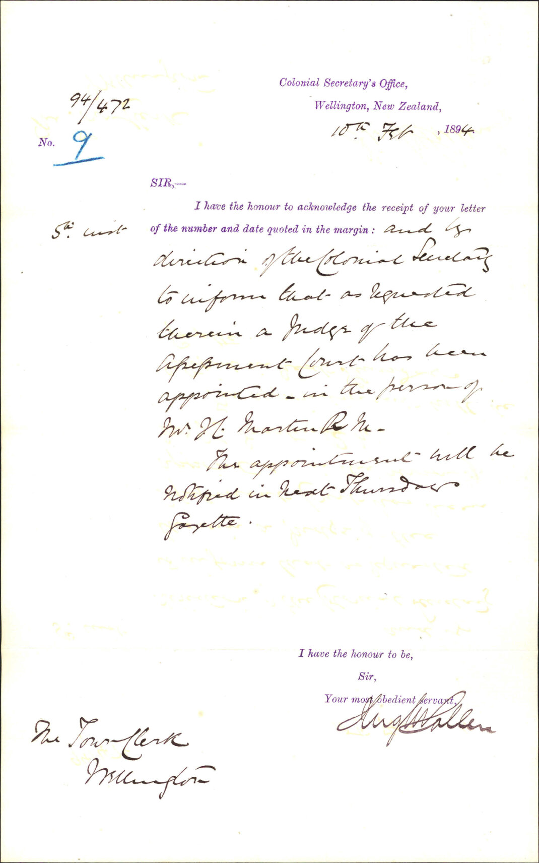 Appointment of judge of Assessment Court - Colonial Secretary