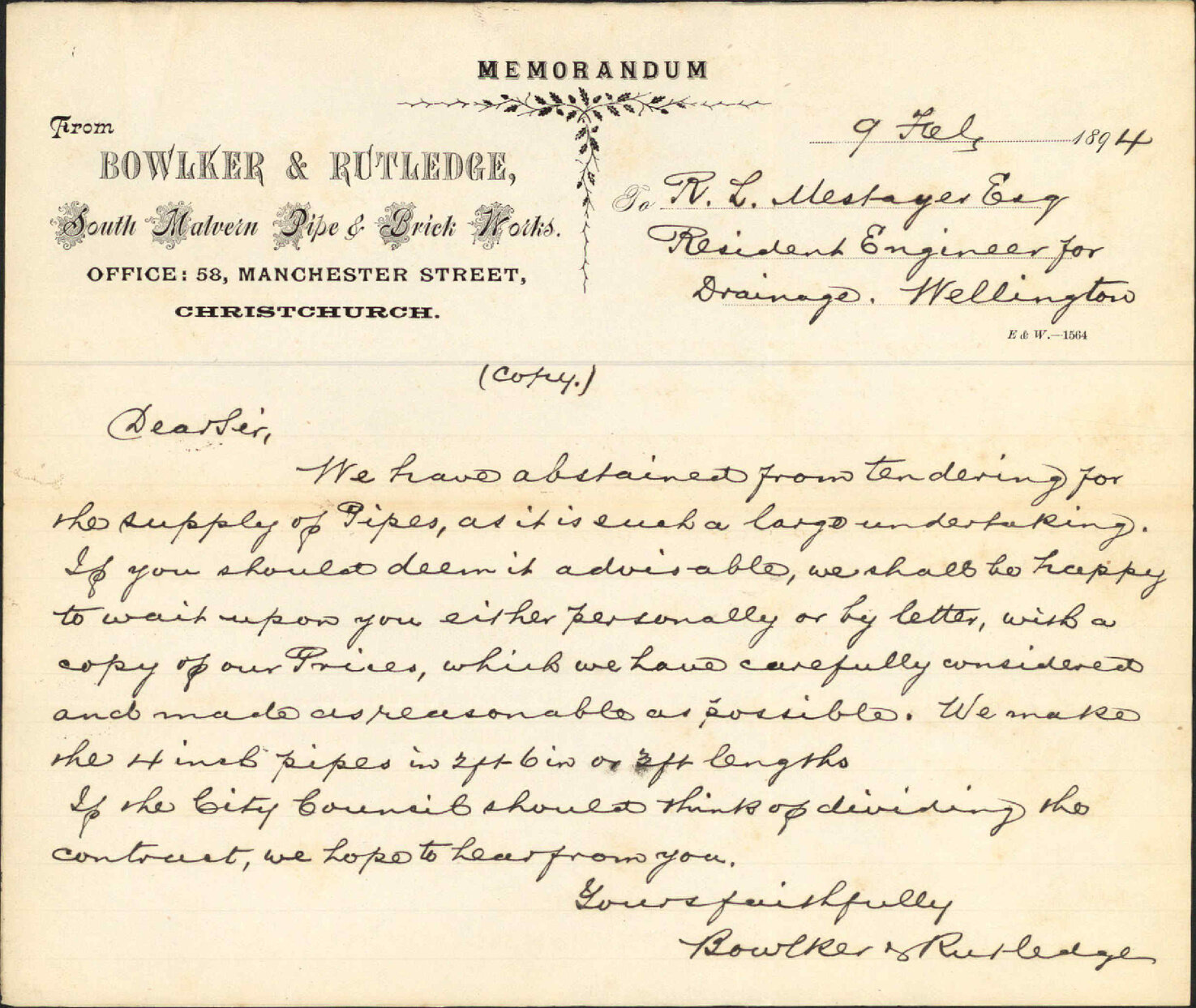 Tender for drain pipes - Bowlker &amp; Rutledge