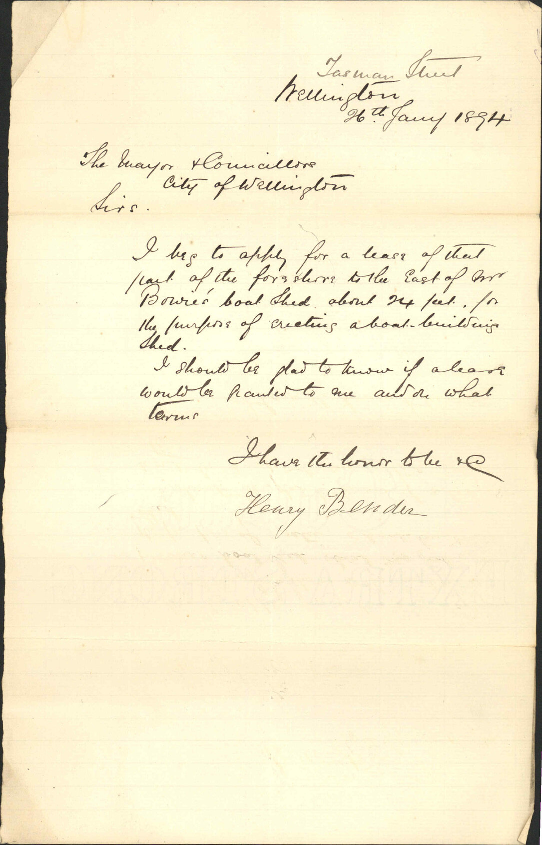 Asking to hire land on Te Aro foreshore - Henry Bender