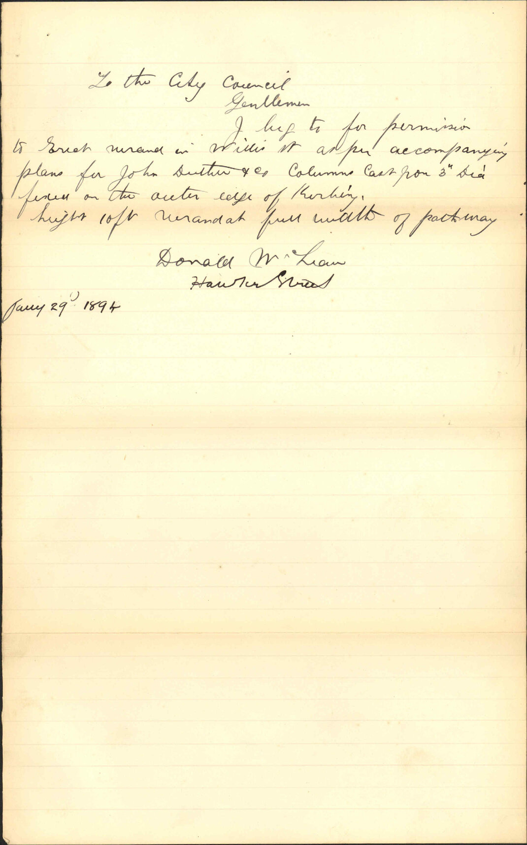 Application for leave to erect verandah - D McLean