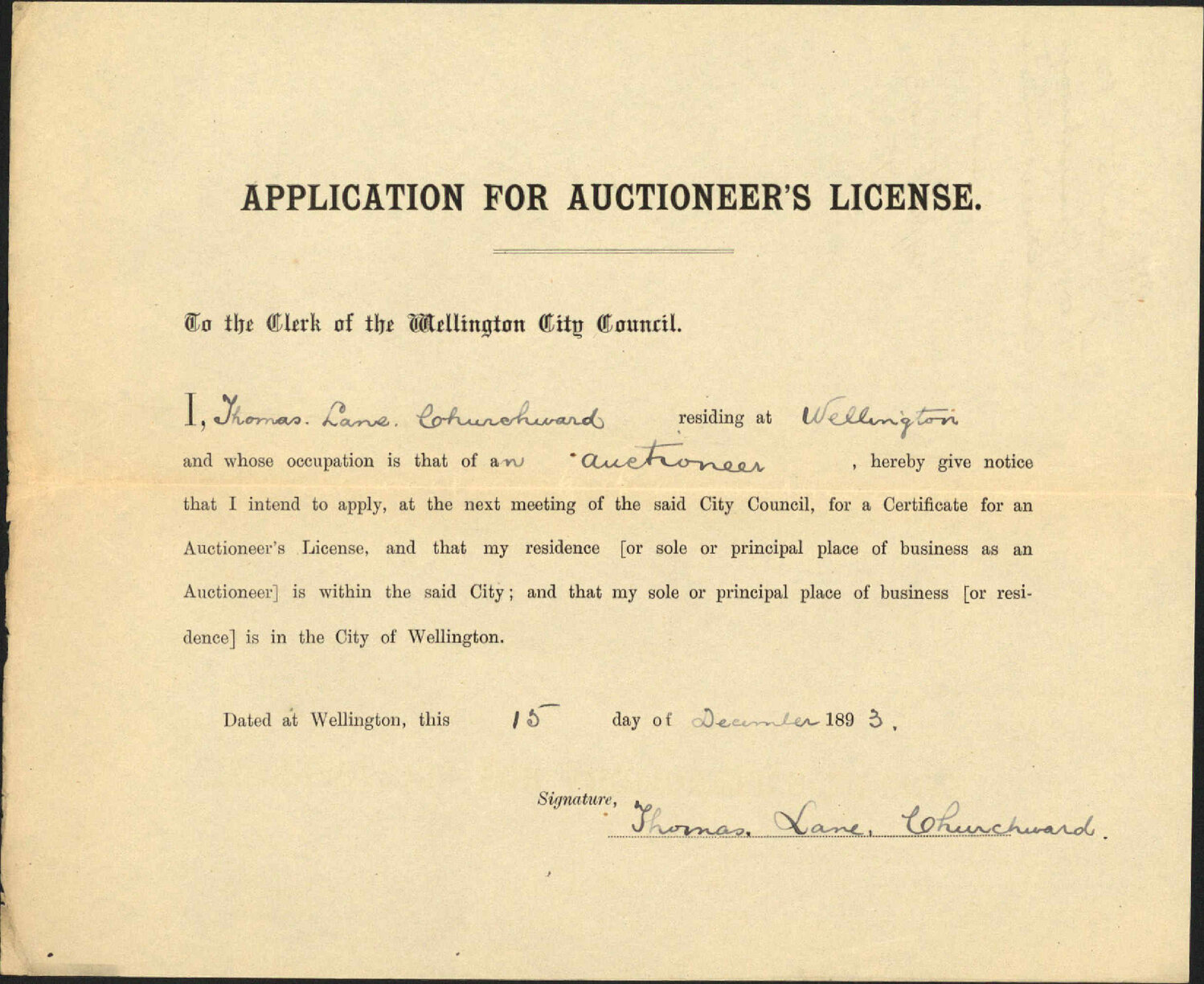 Auctioneer's license - T L Churchward