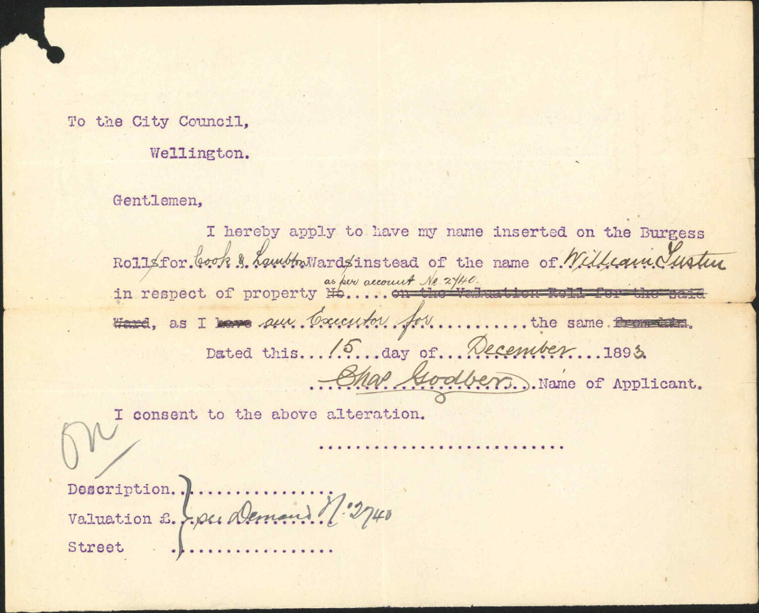 Application to be placed on Burgess Roll - Charles Godber
