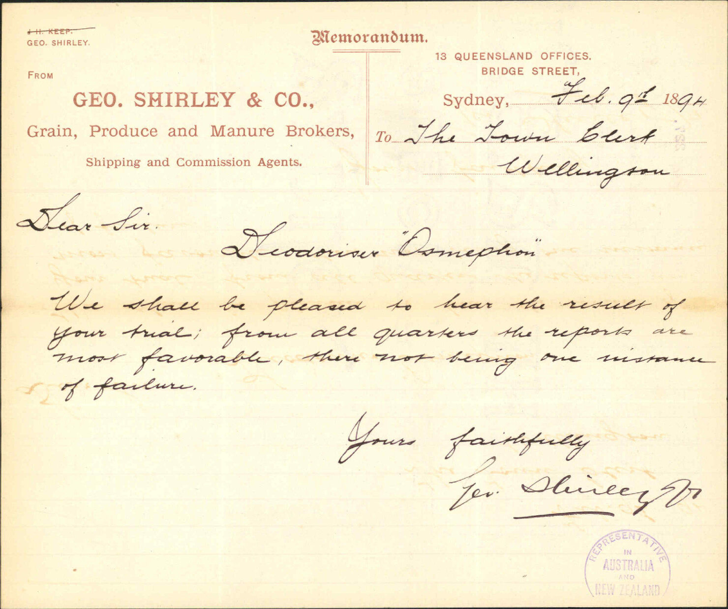 Deodoriser - George Shirley &amp; Company, Sydney