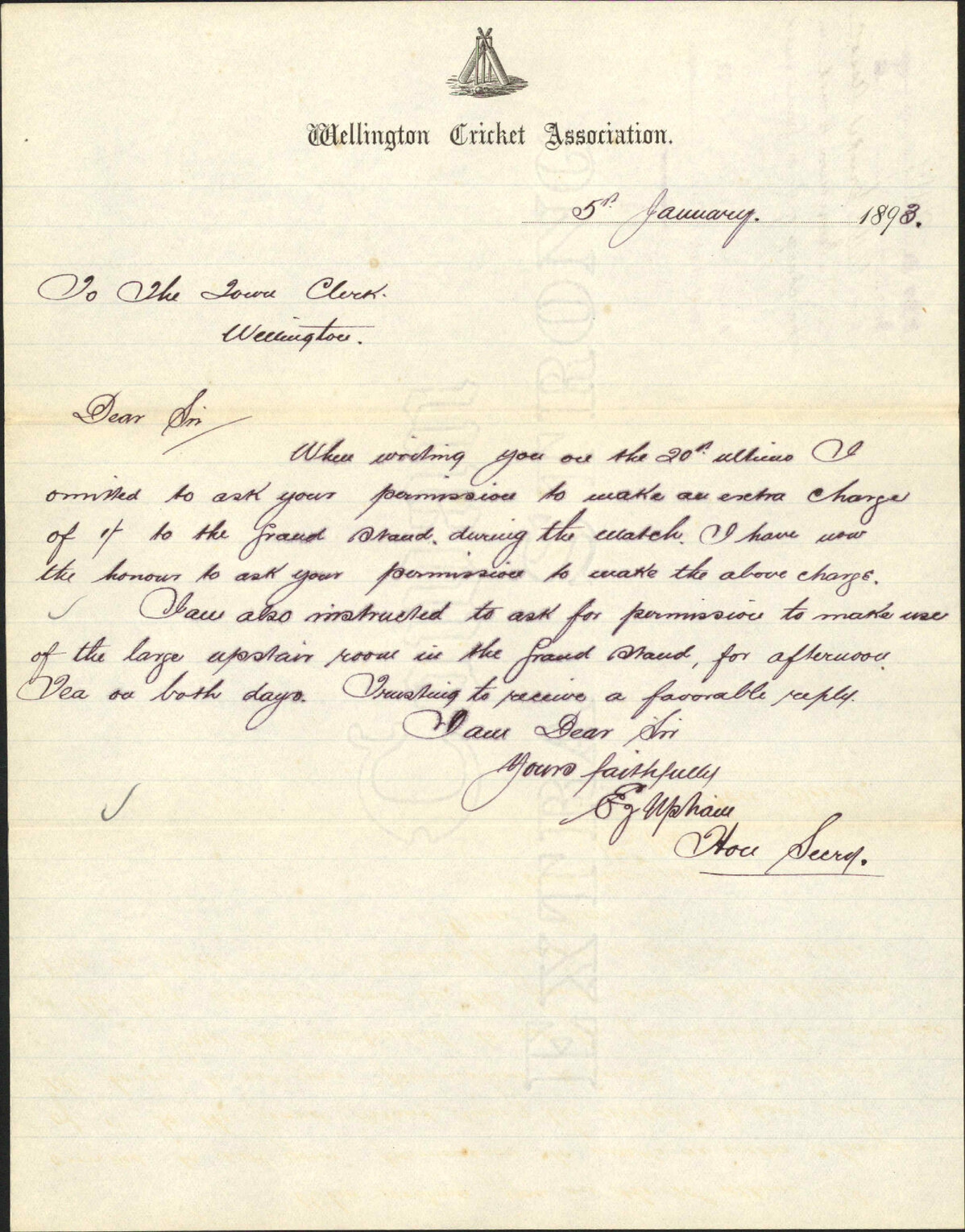 Asking permission to make an extra charge of 1/- on Grand Stand - Wellington Cricket Association