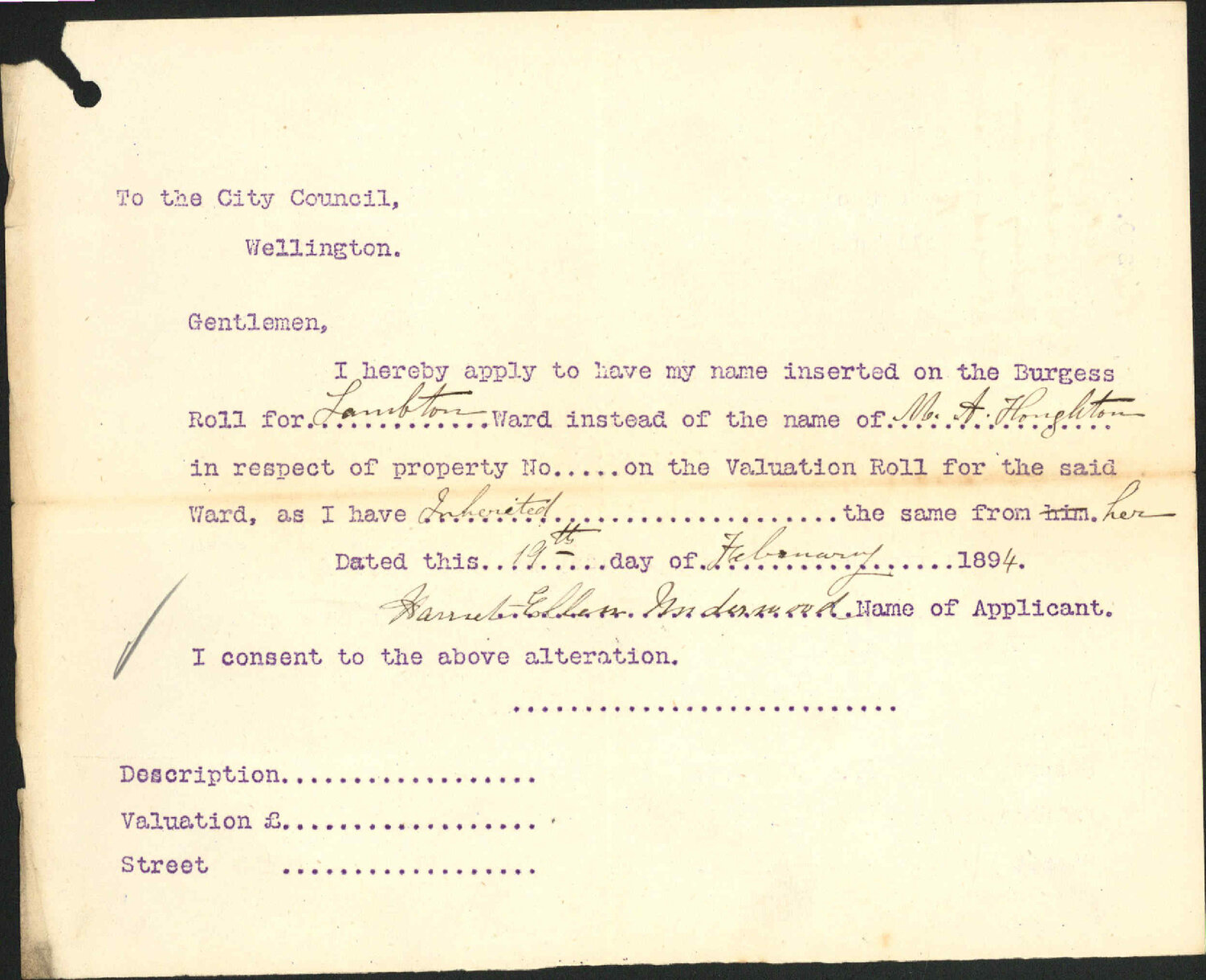 Asking to be placed on Burgess Roll - Mrs Underwood