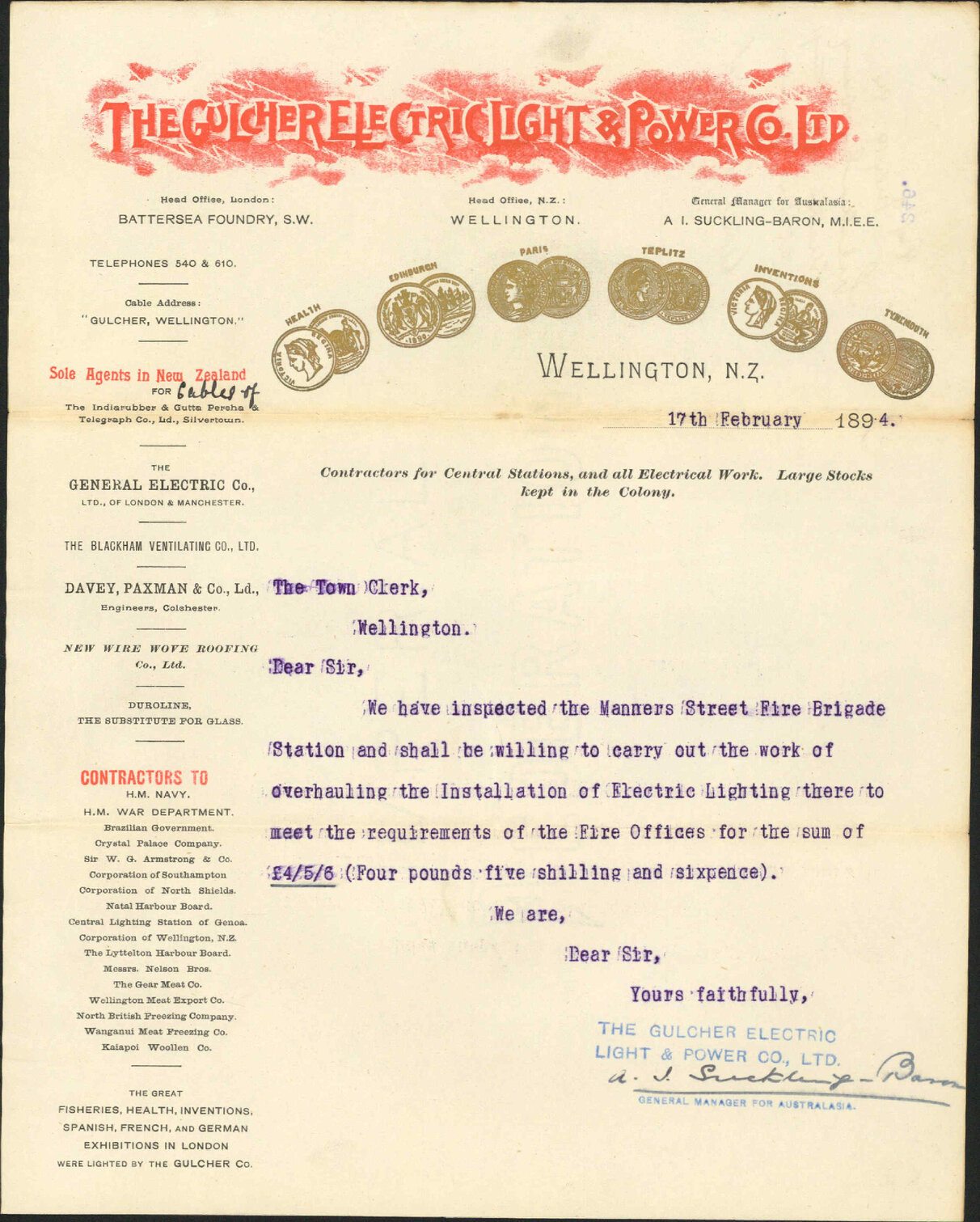 Electric light fittings at Fire Brigade station - Gulcher Company