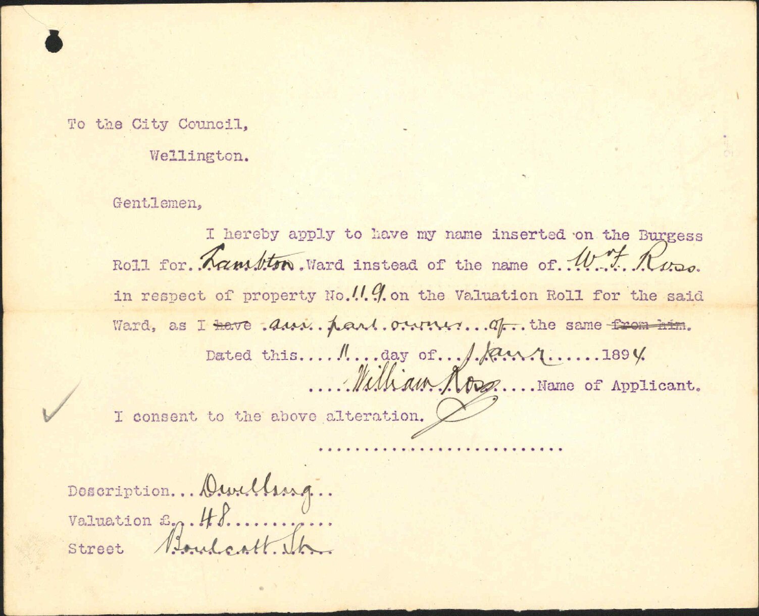 Asking to be placed on the Burgess Roll - William Fraser Ross
