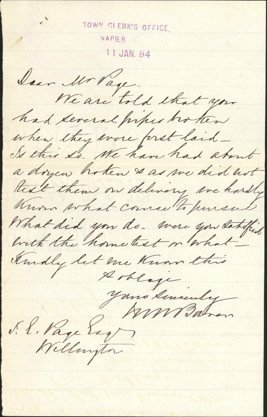 Enquiry regarding water pipes - Town Clerk, Napier