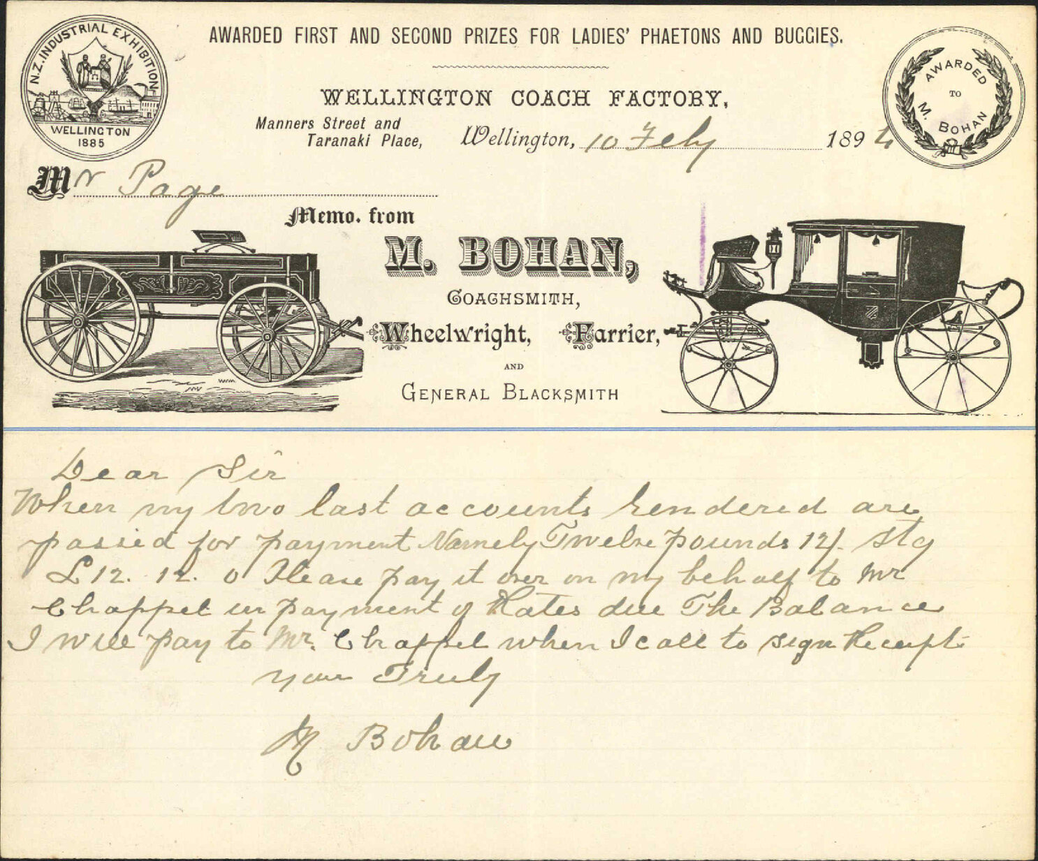 His account for shoeing - M Bohan
