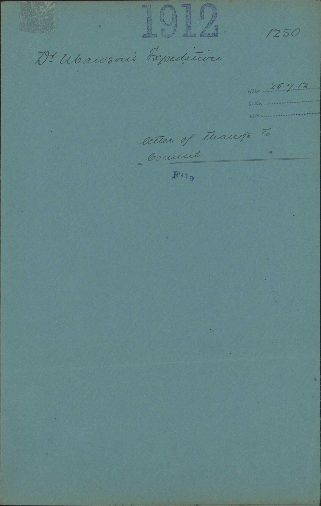 Letter of thanks to Council - Dr Mawson's Expedition