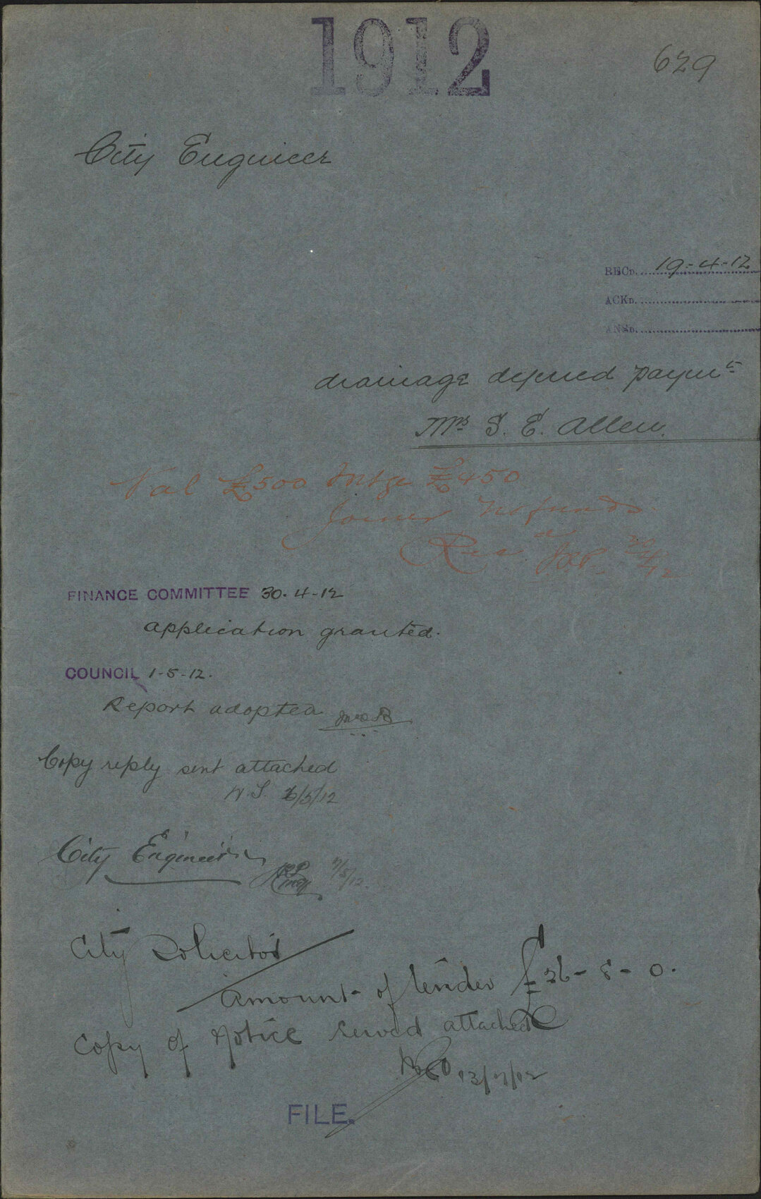 Drainage, deferred payment, Mrs Sarah Ellen Allen - City Engineer