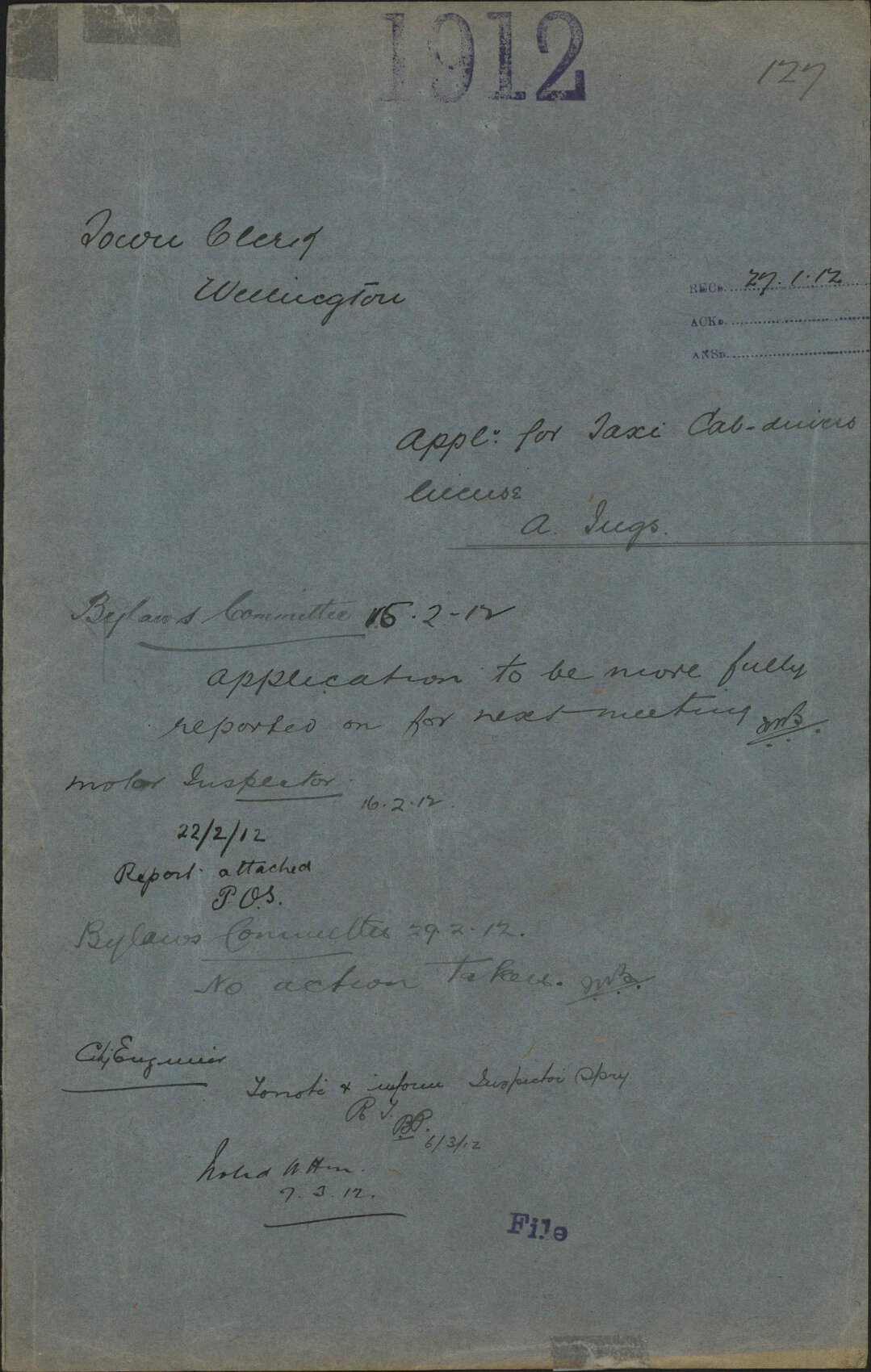 Application for Taxi Cab drivers license, A Ings - Town Clerk, Wellington