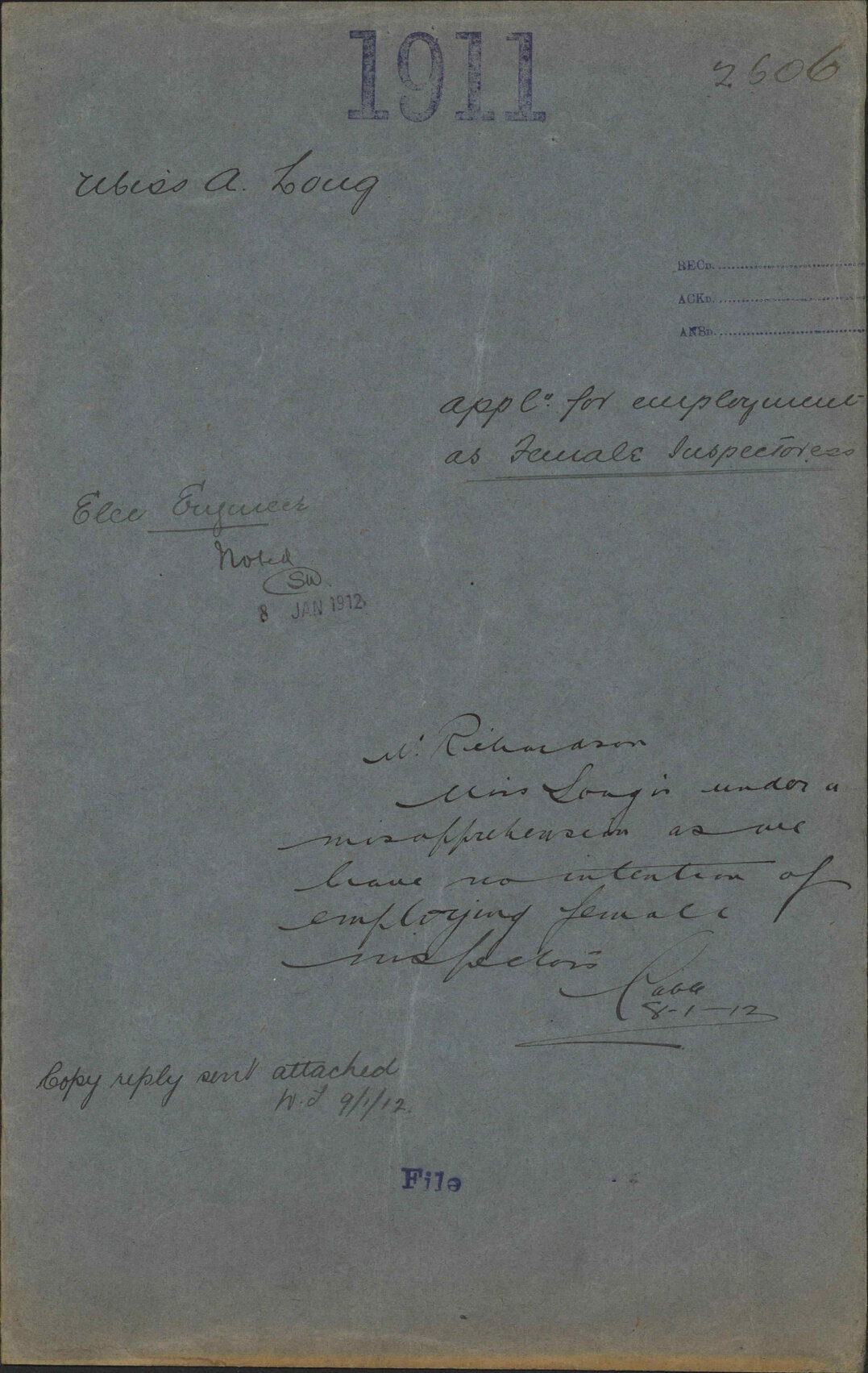 Application for employment as Female Inspectress - Miss A Long