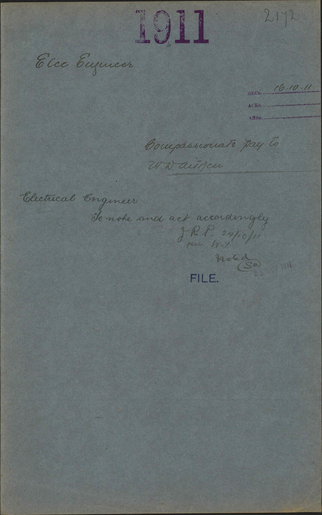 Compassionate pay to W D Aitken - Electrical Engineer