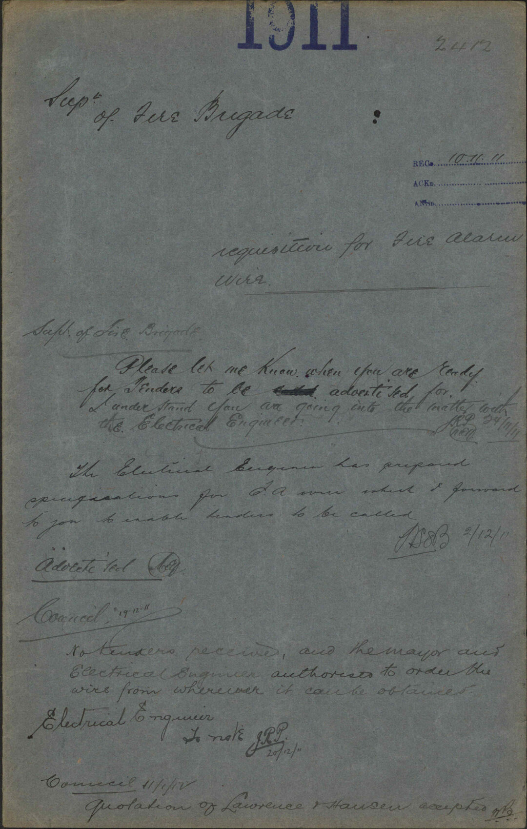 Requisition for fire alarm wire - Superintendent of Fire Brigade