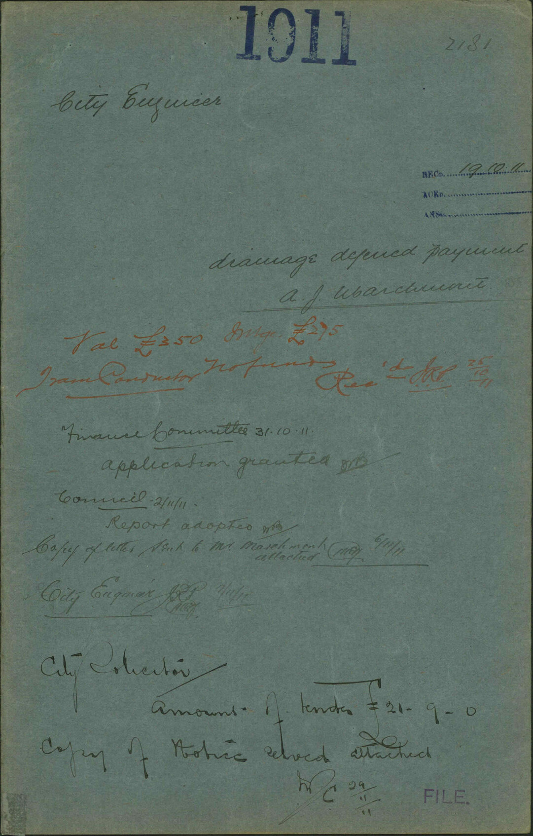 Drainage, deferred payment, A J Marchment - City Engineer
