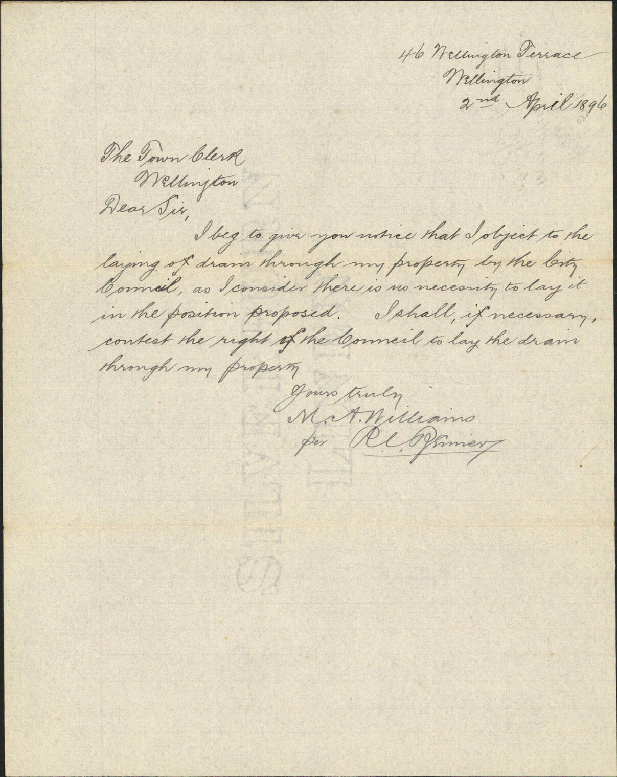 Objection to drain at her property - M A Williams