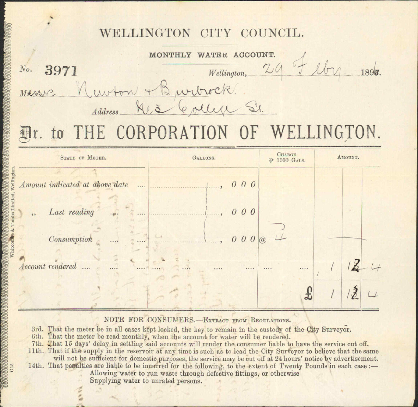 Water account - W J Newton