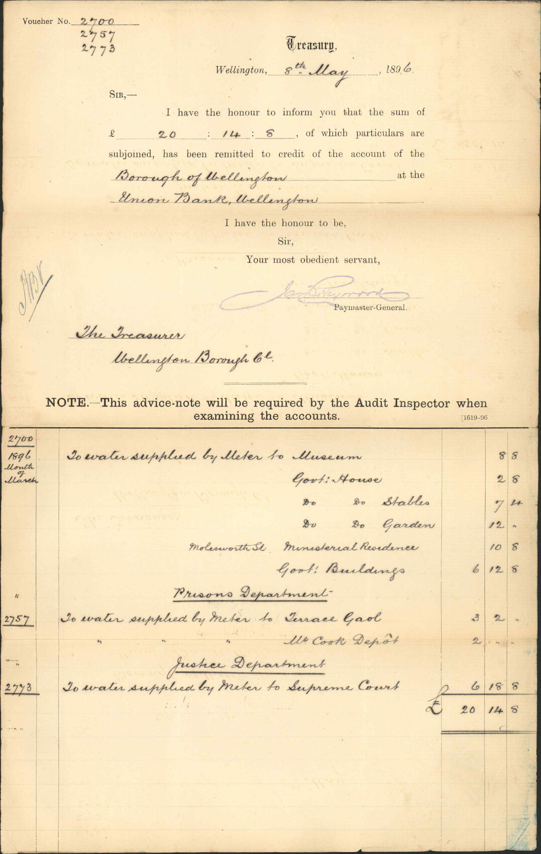 Advising payment of account - Treasury