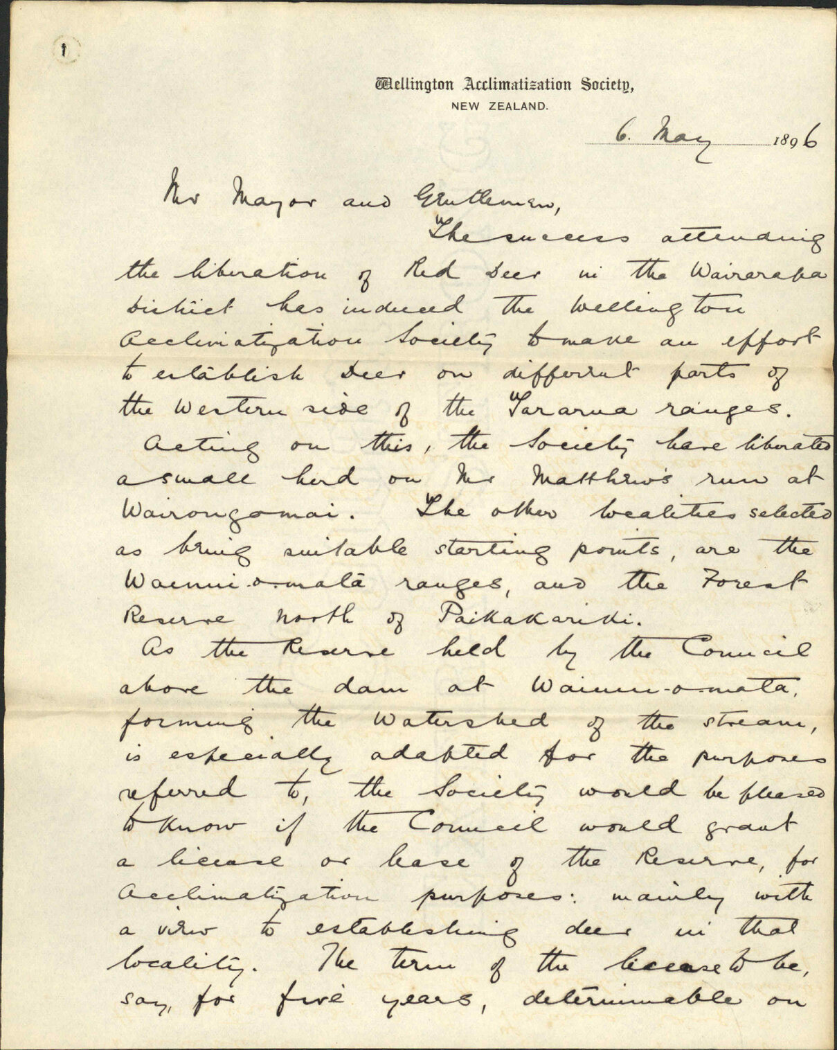 Application for leave to turn deer on Wainui waterworks reserve - Wellington Acclimatization Society