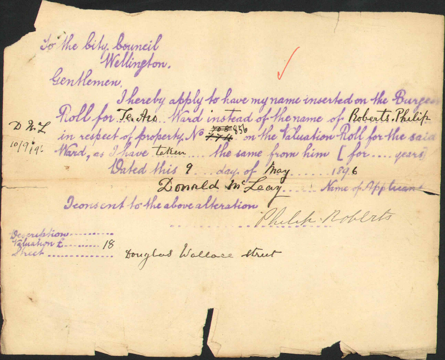 Asking alteration of Burgess Roll - D McLeay
