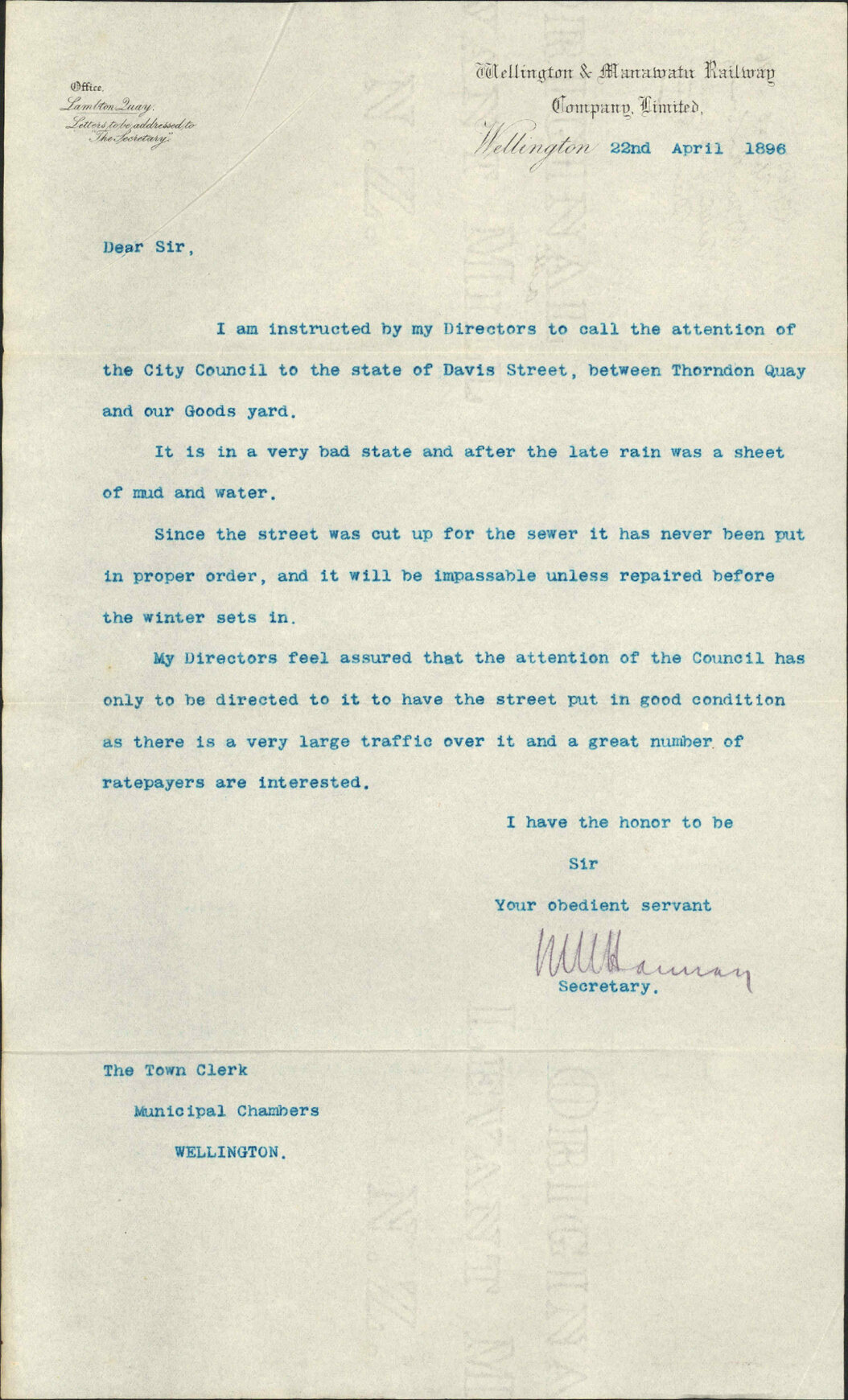 Asking for repairs to Davis Street - Wellington and Manawatu Railway Company