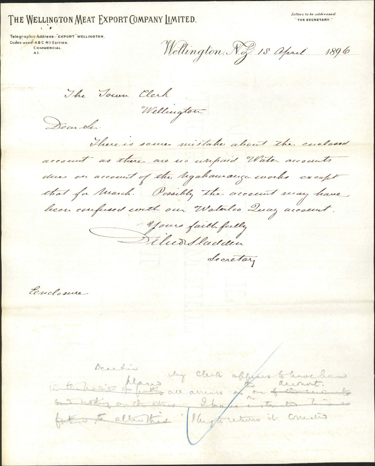 Water account - Wellington Meat Export Company