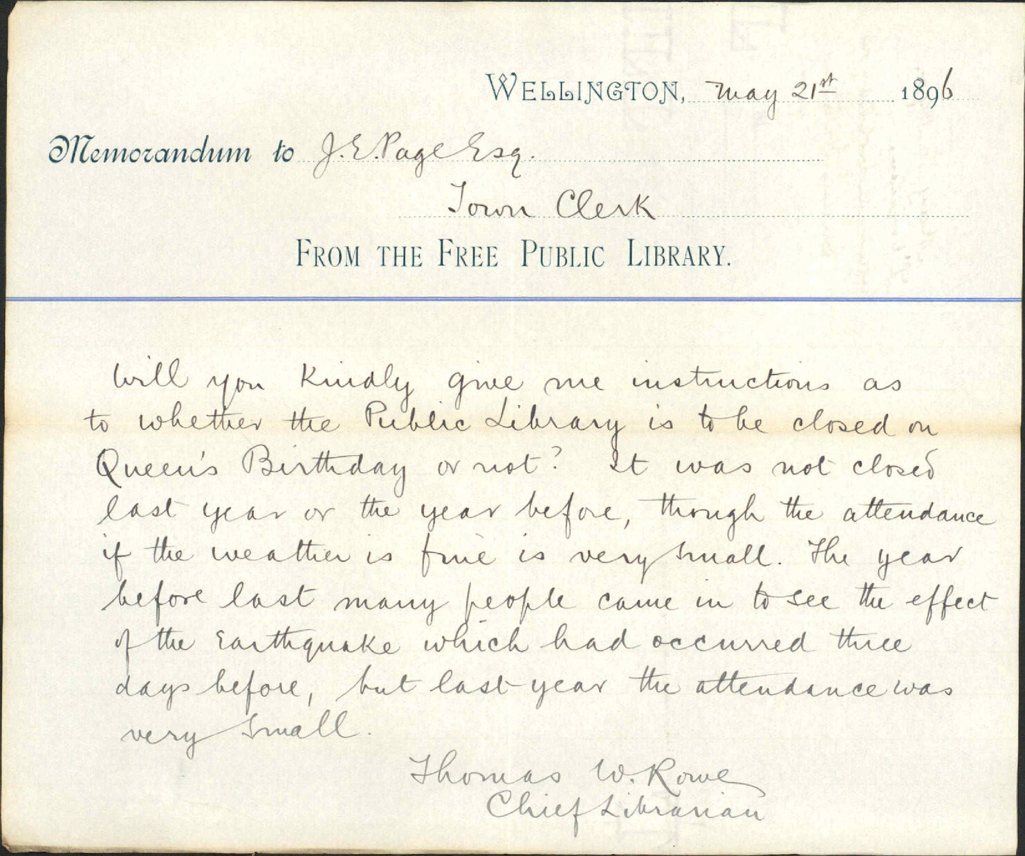Enquiry regarding holiday on Queen's Birthday - Librarian
