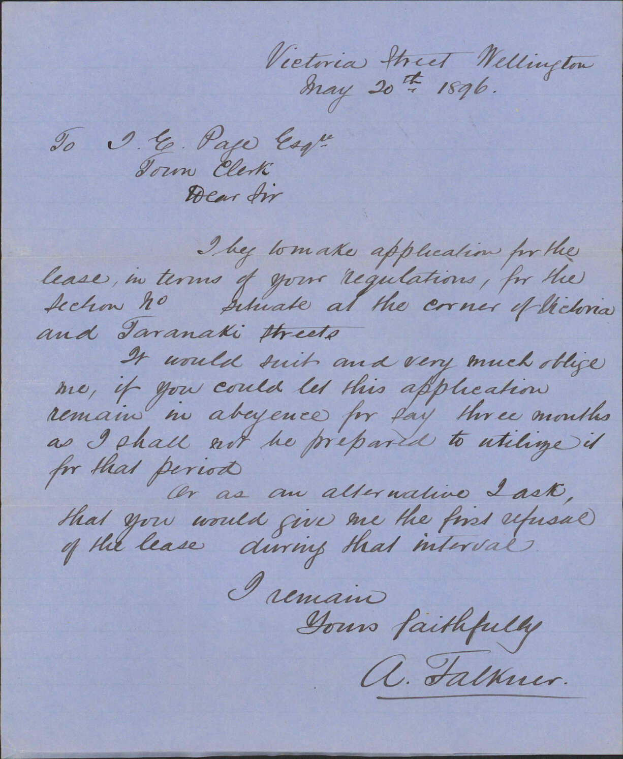 Land at corner of Taranaki and Victoria Streets - A Falkner