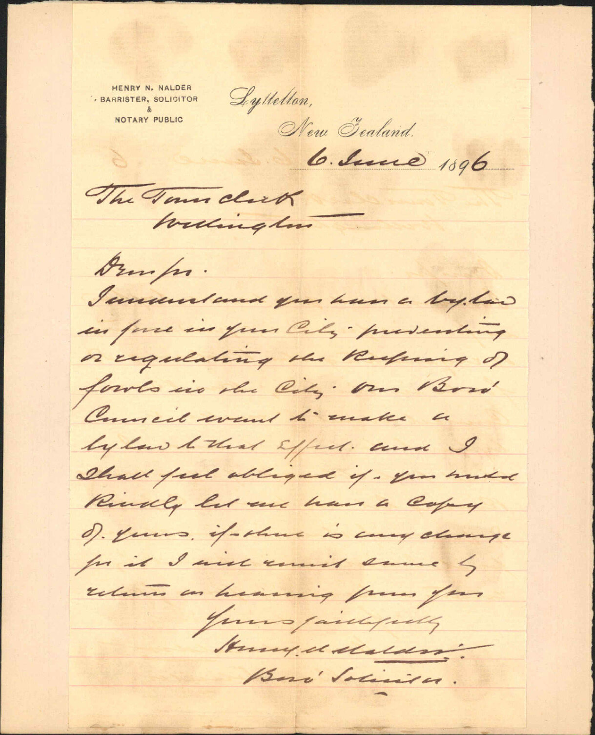 Asking copy of bylaw - Borough Solicitor, Lyttelton
