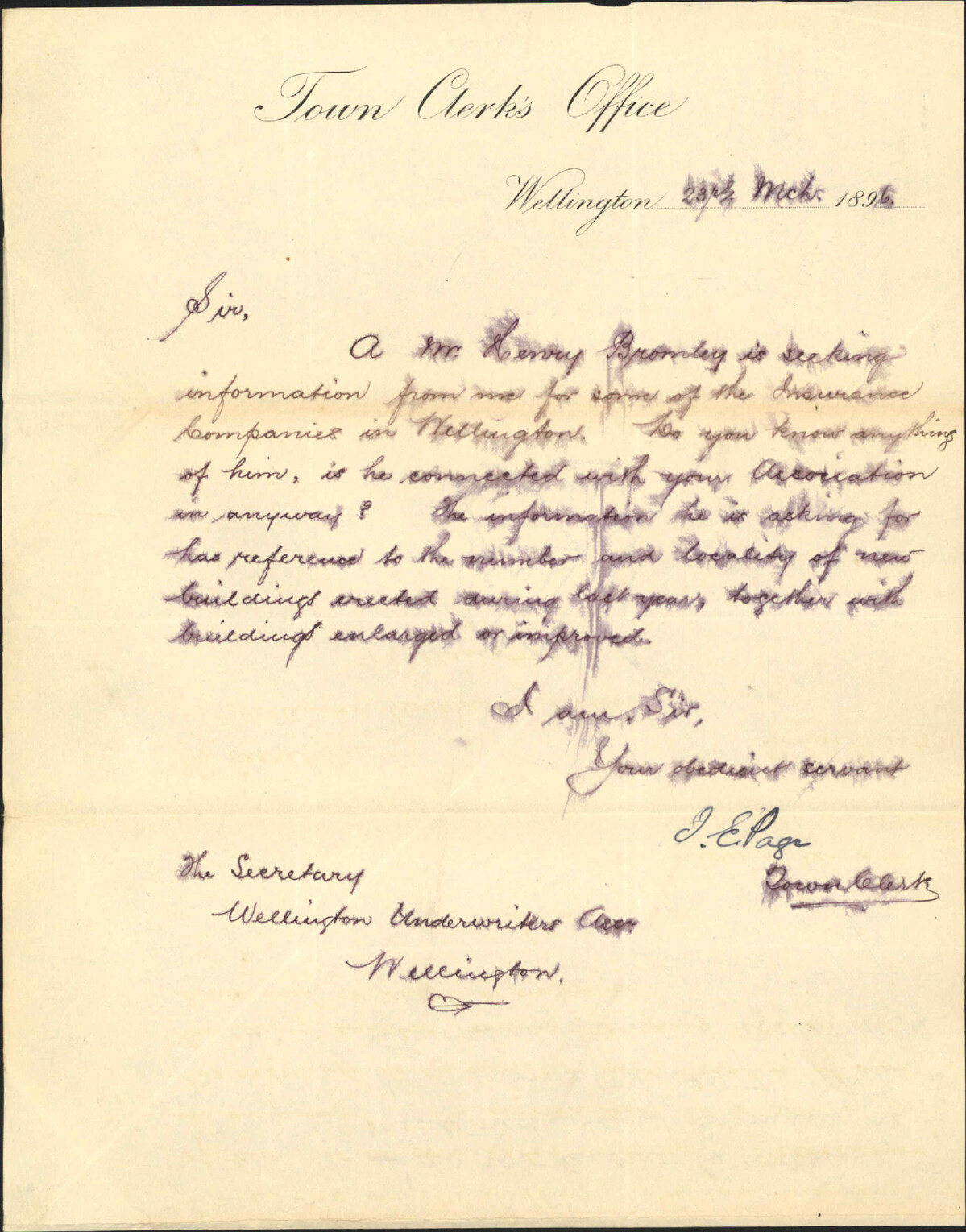 Reply to enquiry regarding Mr Henry Bromley - Wellington Underwriters Association