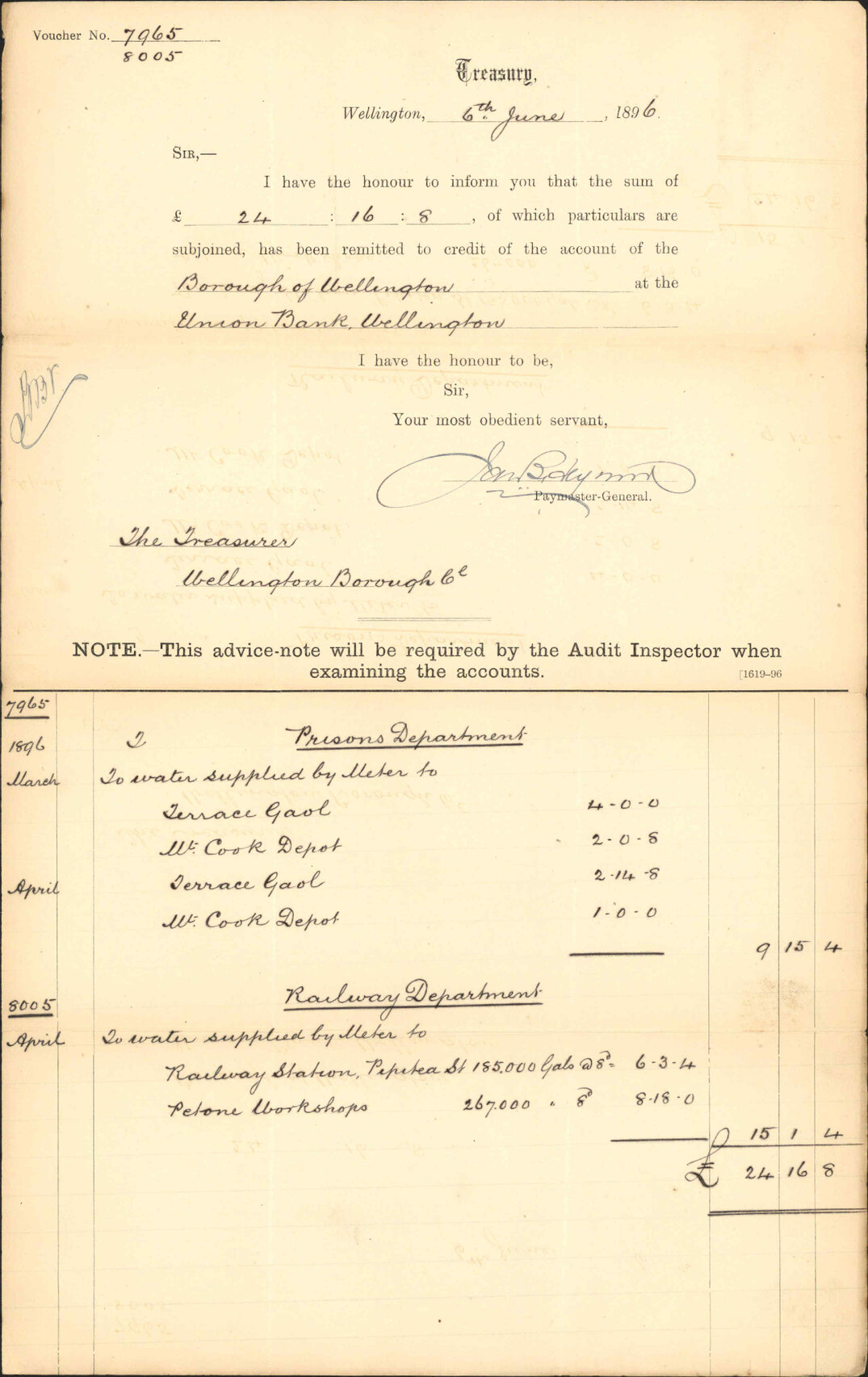 Advising payment of account - Treasury